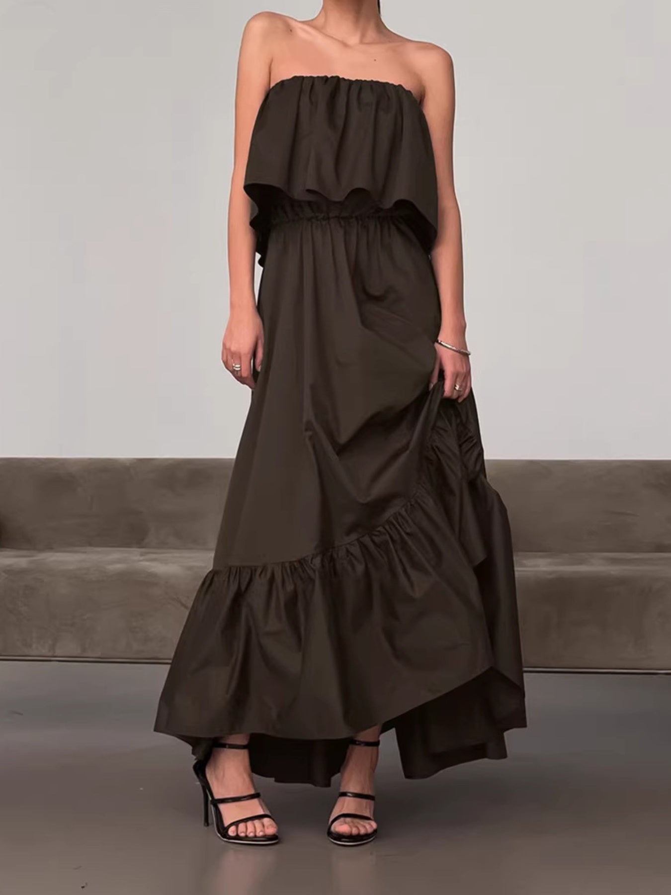 Black ruffle hem on sustainable natural fiber maxi dress | vegan clothing for women, plant based clothing, cruelty free clothing, eco friendly fashion