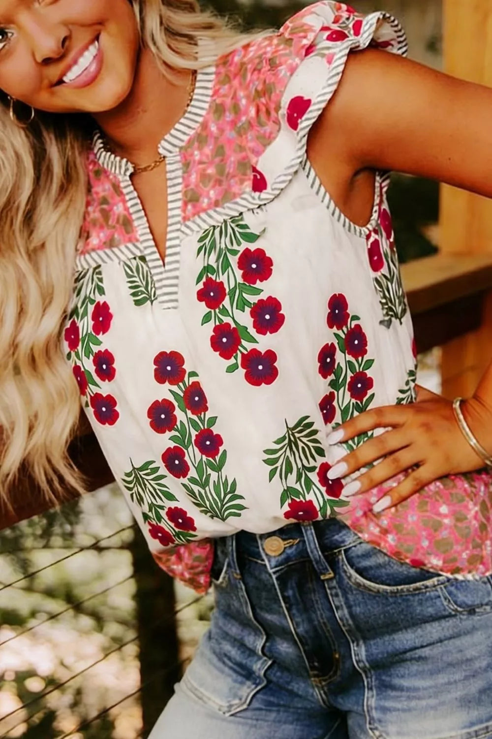 Flutter cotton blouse with floral print — sustainable luxury women's clothing, 100% cotton, designer sustainable fashion, organic fashion brands, plastic-free natural fiber top