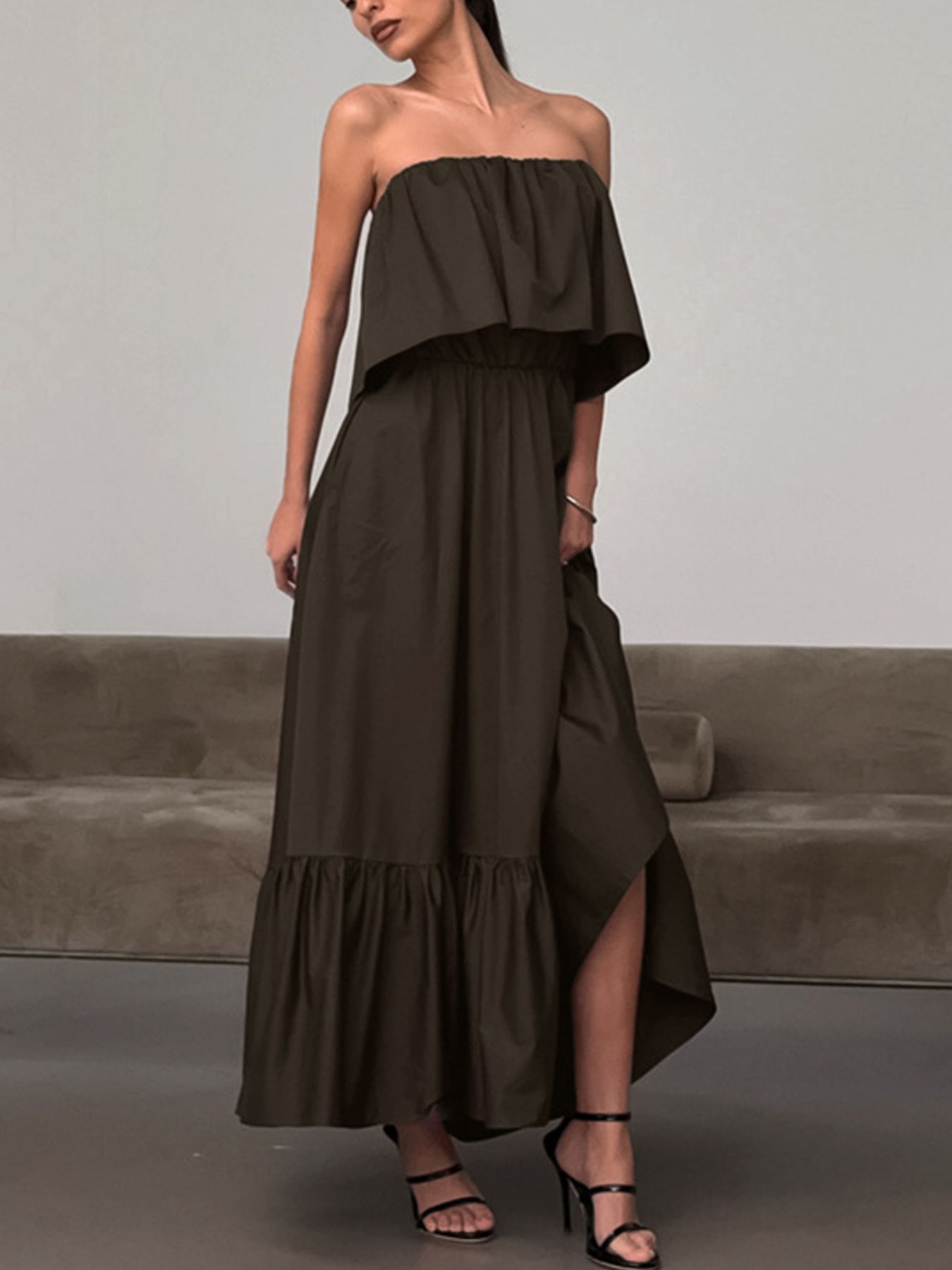 Sustainable ruffle hem maxi dress with off-shoulder neckline| buy sustainable clothing online, sustainable clothing for women, eco friendly clothing women