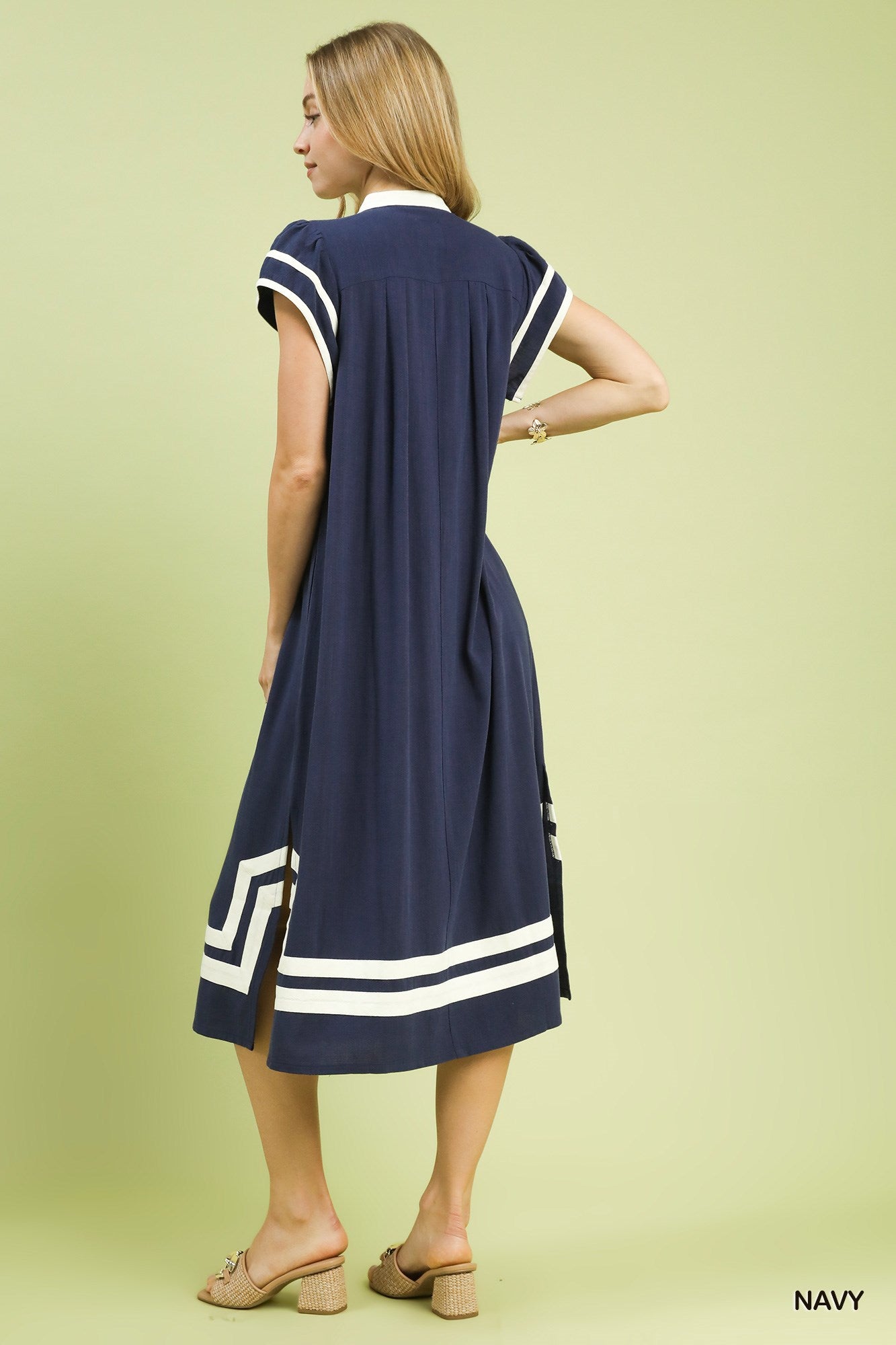 Navy blue breathable linen cotton midi dress with pockets , buy sustainable clothing online, organic cotton clothing for women, sustainable summer dress,  plastic free clothing women