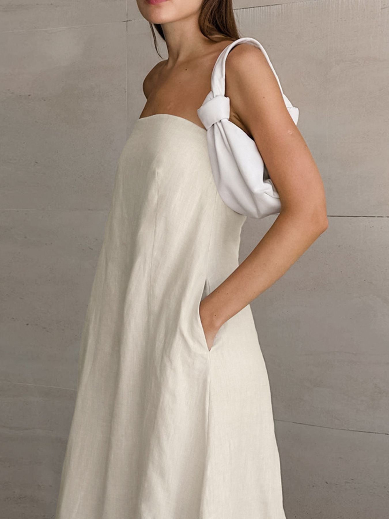 Side view of plastic free hemp midi dress in beige, buy sustainable clothing online, organic cotton clothing for women, such Sustainable summer dress, plastic free clothing women, ethical clothing brand