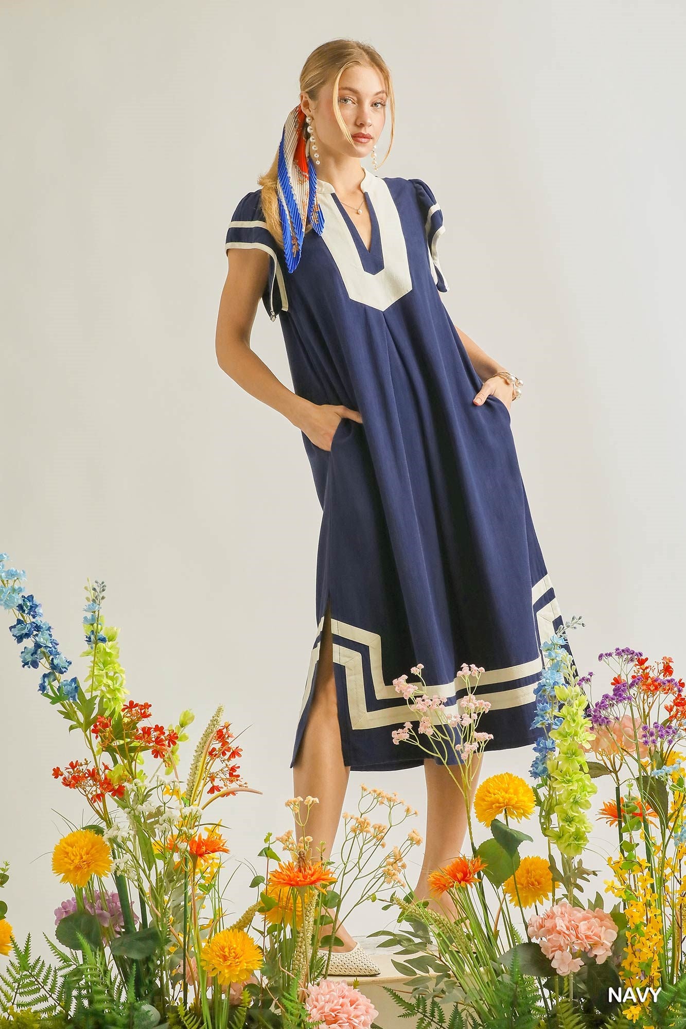 Breathable linen cotton midi dress in navy blue with V-neck| buy sustainable clothing online, organic cotton clothing for women, sustainable summer dress,  plastic free clothing women