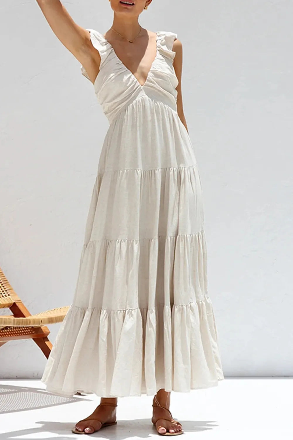 Detail of V-neck smocking on plastic free ruffled tiered dress vegan clothing, vegan friendly clothing, plant, based clothing, cruelty free clothing, vegan dress