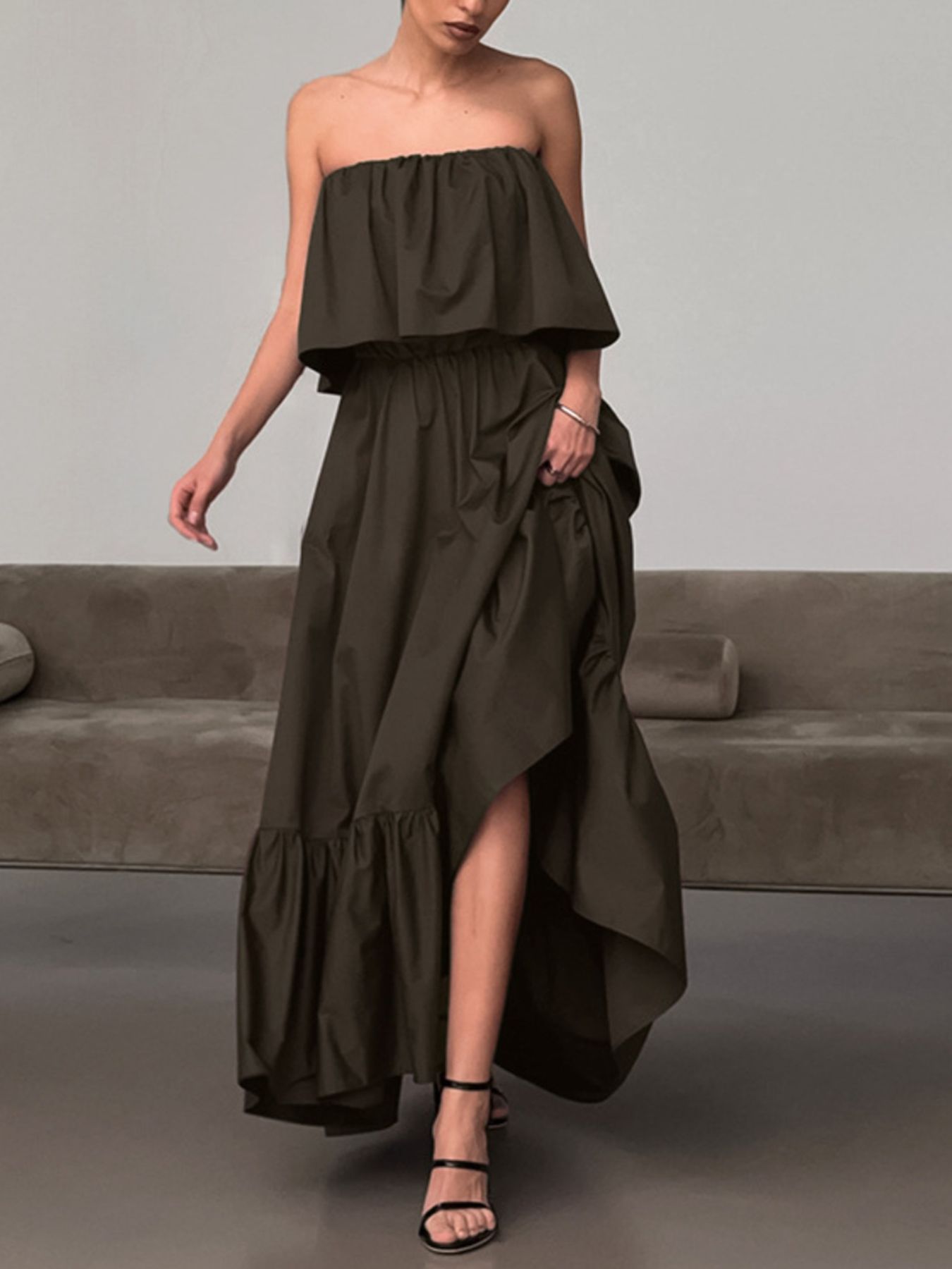 Off-shoulder ruffled tiered maxi dress in natural fiber cotton, buy sustainable clothing online, sustainable clothing for women, eco friendly clothing women