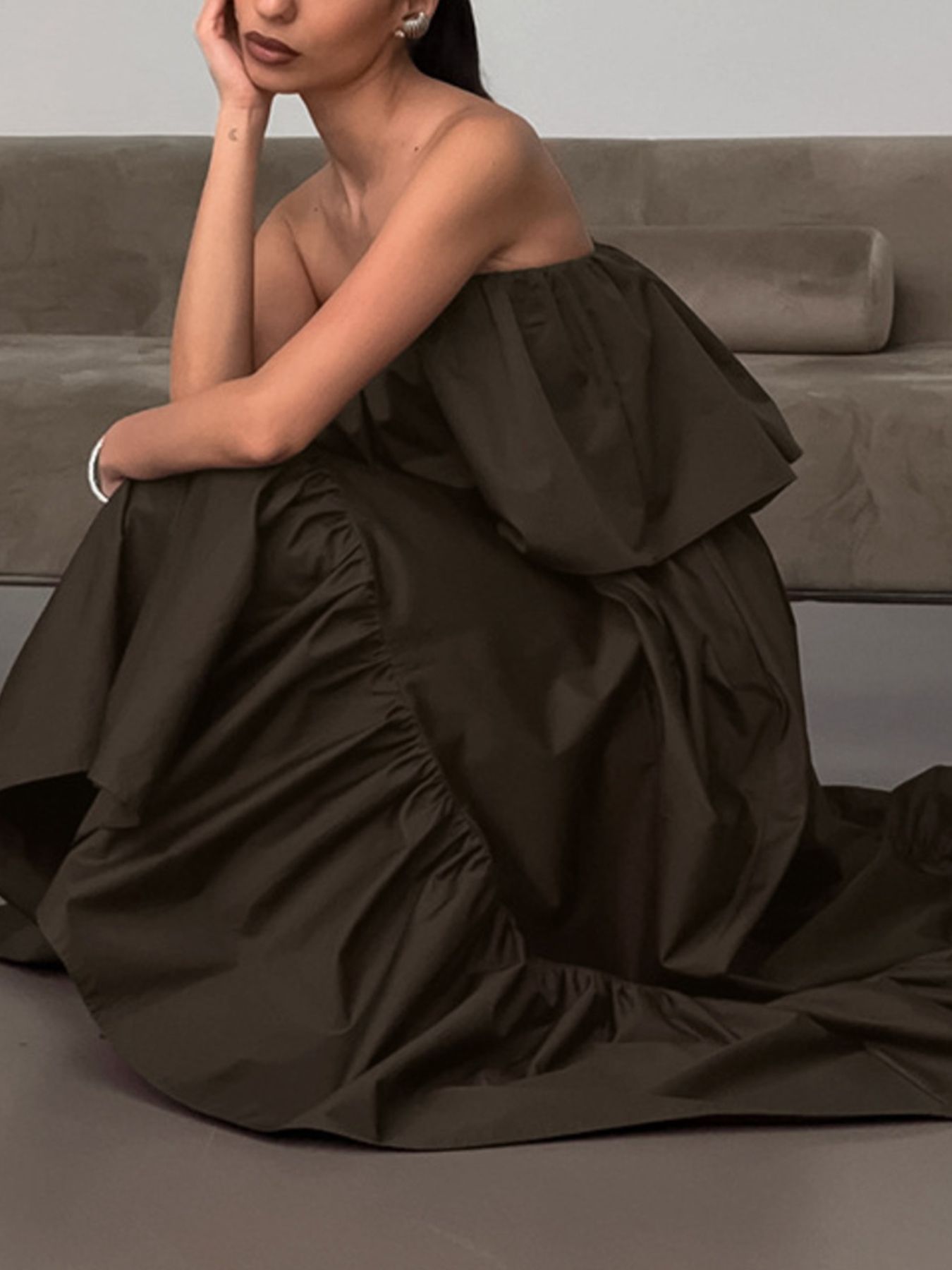 Detail of ruffle hem on sustainable natural fiber maxi dress | vegan clothing for women, plant based clothing, cruelty free clothing, eco friendly fashion