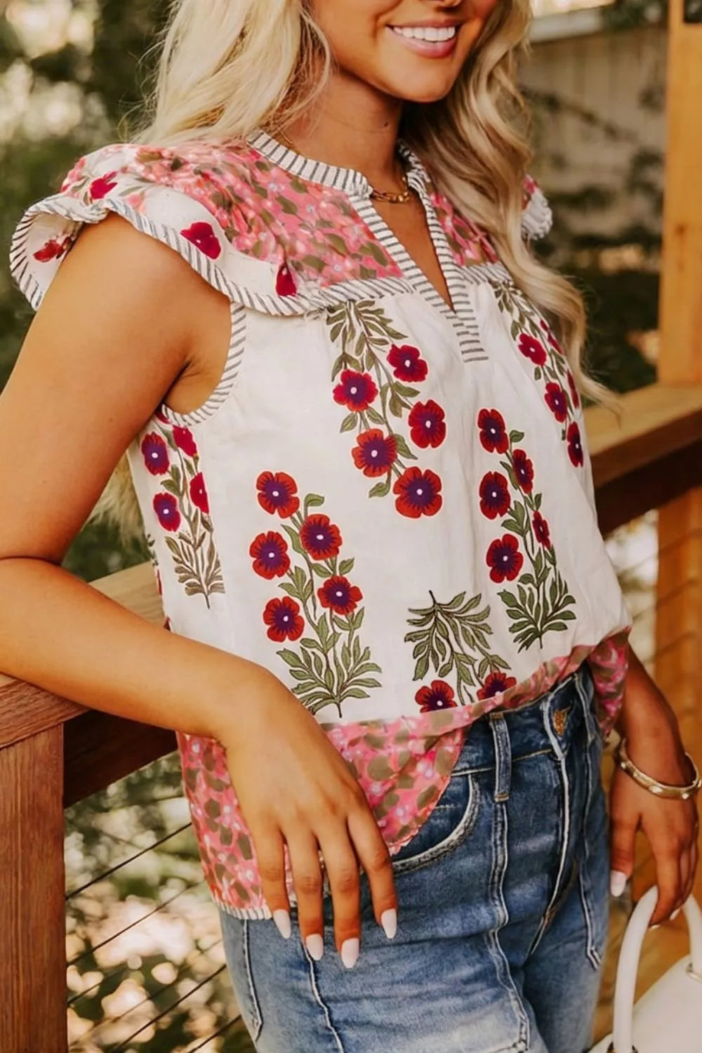 Flutter cotton blouse with floral print — sustainable luxury women's clothing, 100% cotton, designer sustainable fashion, organic fashion brands, plastic-free natural fiber top